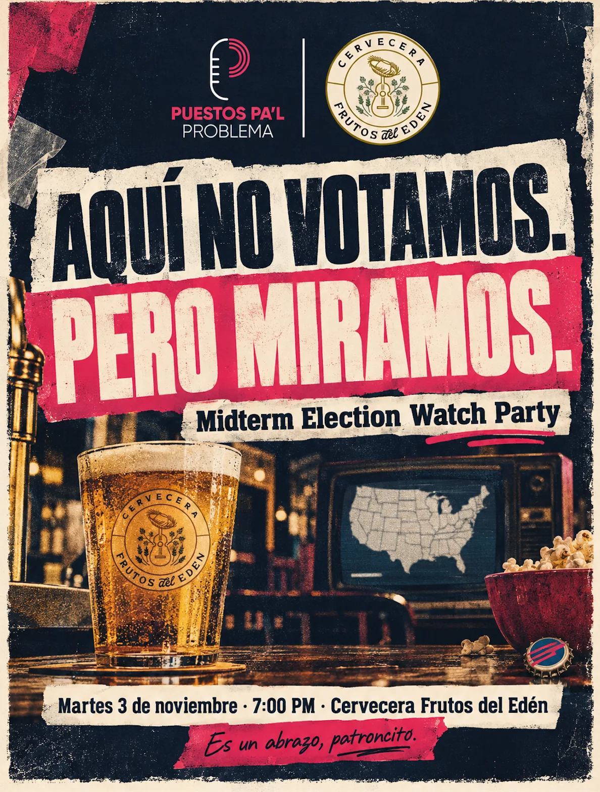Afiche del Midterms Election Watch Party: Edición 2026, con cerveza y televisión electoral